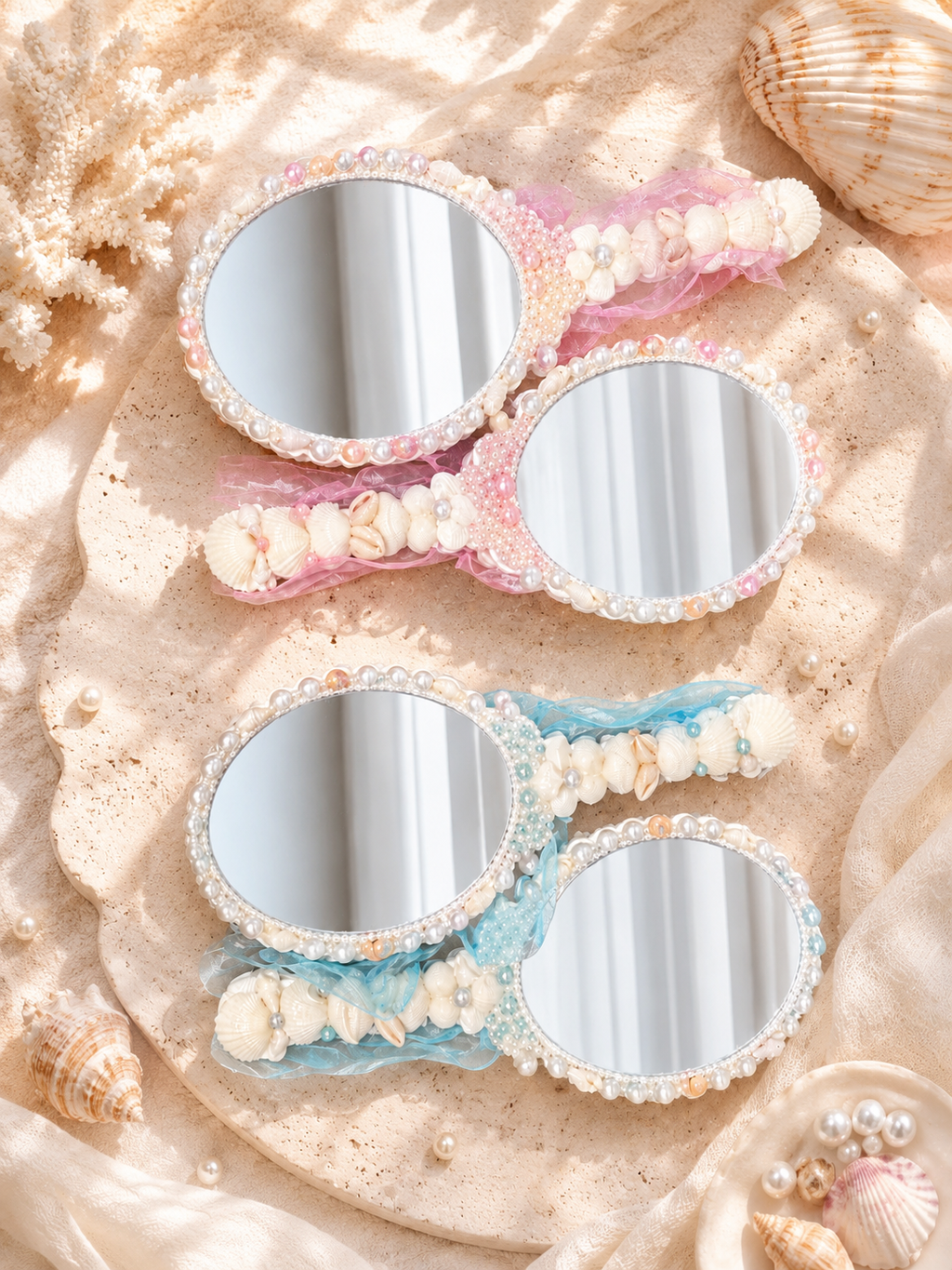 Coastal Pearl Sheer Bow Hand Mirror- 8.6"