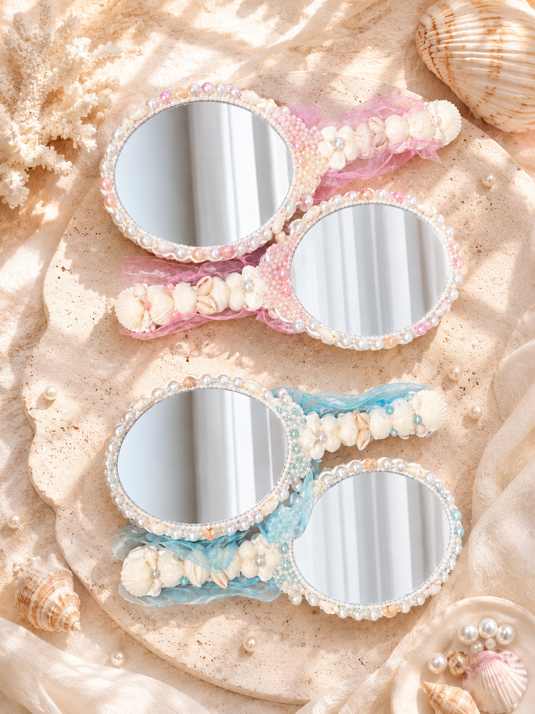 Coastal Pearl Sheer Bow Hand Mirror- 8.6"